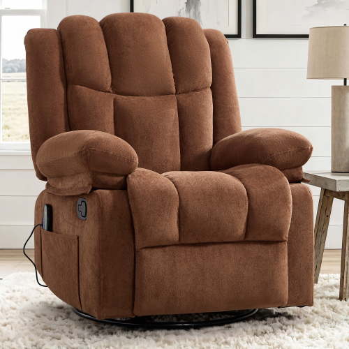 ZOY HOME Manual Swivel Rocker Recliner with Heat & Vibration, Plush Fabric Glider Reclining Chair with Side Pockets for Living Room, Apartment, Brown