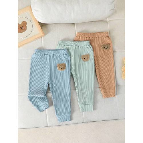 3 piezas Leggings de punto de algodón de unicolor con patrón de oso de peluche, cintura elástica para niños pequeños. Casual, cómodo, lindo y versátil, adecuado para todas las estaciones, perfecto para salidas diarias y uso casual en casa. | SHEIN USA
