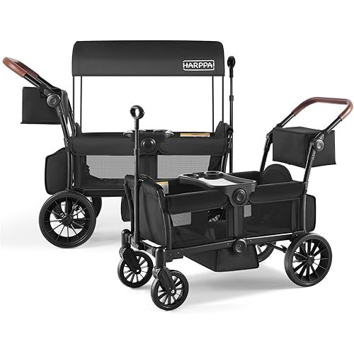 HARPPA 2-Seater Stroller Wagon, Collapsible Push & Pull Wagon Stroller for Kids (6-36 Months) with Adjustable Handlebar, 1-Step Brake, Removable Canopy & Large Storage, Black