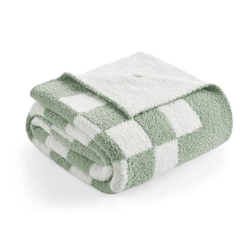 Snuggle Sac Checkered Bedding Blanket Twin Size 60x80, Super Soft Cozy Warm Knit Blankets, Reversible Breathable Lightweight Fluffy Throws for Sofa, Bed, Checkered Sage Green, 60x80 Inches