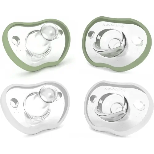 Nanobebe Baby Pacifiers 0-3 Month - Orthodontic, Curves Comfortably with Face Contour, Award Winning for Breastfeeding Babies, 100% Silicone, Baby Registry Gift 4pk, Sage/White