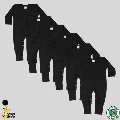 6-Pack Baby Sleep N' Play Romper: Black Poly-Cotton Blend, Mittens, Footie, Wholesale Blank