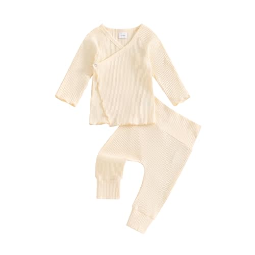 GOOCHEER 2Pcs Newborn Baby Girl Coming Home Outfit Mitten Cuffs Solid Knitted Long Sleeve T-Shirt Tops Pans Set Fall Clothes