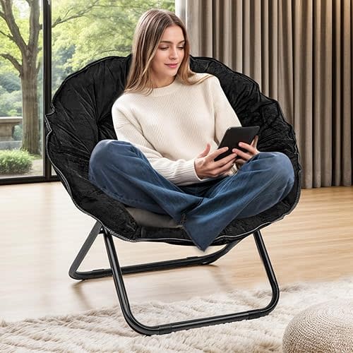 Grezone Folding Faux Fur Saucer Chair,Portable Folding Soft Moon Chair for Bedroom, Dorm Rooms, Apartments, Lounging, Garden and Courtyard, Black