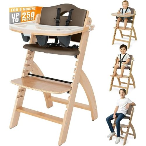 Abiie Beyond Junior Wooden High Chair with Tray - Adjustable and Convertible High Chair for Babies and Toddlers - 6 Months to 250 Lb - Water Resistant - Natural Wood with Shiitake Cushion