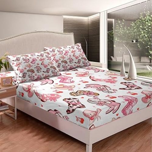 jejeloiu Kids Pink Cowgirl Fitted Sheet Full Size Western Bedding Set for Boys Girls Cowgirl Boots Bow Ribbon Bed Sheet Set Bed Cover Deep Pocket, Top Sheet Not Included