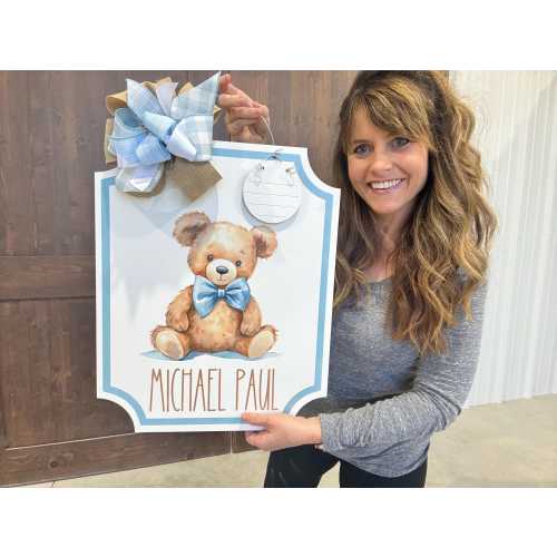 Teddy Bear Baby Hospital Door Hanger - Baby Door Hanger - Baby Name Sign - Blue Bow - Baby Boy - Birth Announcement Sign