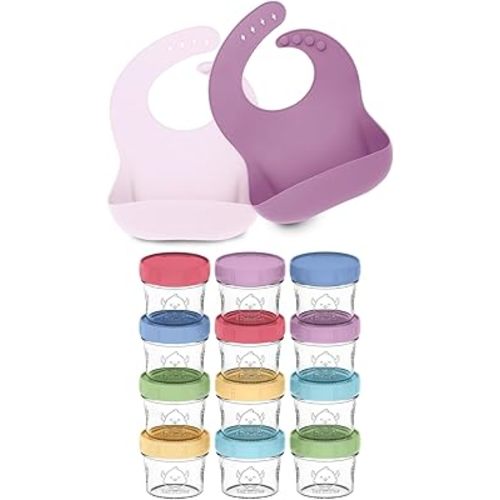 KeaBabies 2-Pack Baby Silicone Bibs and 12-Pack Baby Food Glass Containers - Waterproof, Easy Wipe Silicone Bib for Babies, Toddlers - 4 oz Leak-Proof, Microwavable, Baby Food Storage Container