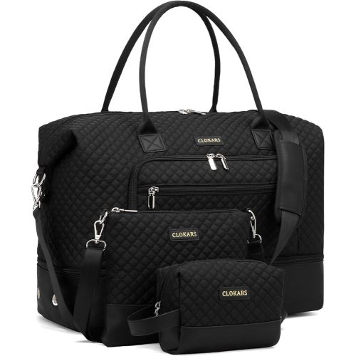 Weekender Bags for Women, Travel Duffle Bag Carry On Overnight Bag with Cosmetics Bag and Crossbody Purse for Gym Hospital, Gifts for Women, Black
