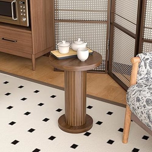 Small Round Pedestal End Table, Wooden Side Table for Living Room, Fluted Drink Table for Small Space, Modern Accent Cocktail Table for Sofa Couch (Walnut)