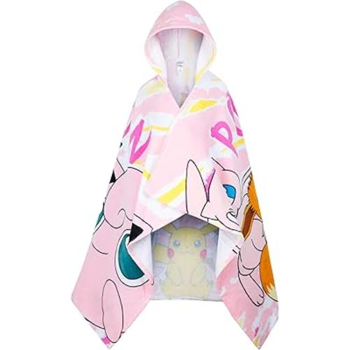 Pokemon Hooded Kids Beach Towel Absorbent Changing Robe Cotton Poncho Bath Towels (Pink, 6-14 Years)