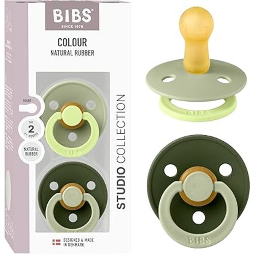 BIBS Colour Studio Pacifier 2-Pack, BPA Free, Round Nipple. Natural Rubber Latex, Made in Denmark, Size 2 (6-18 Months) - Sage/Huntergreen