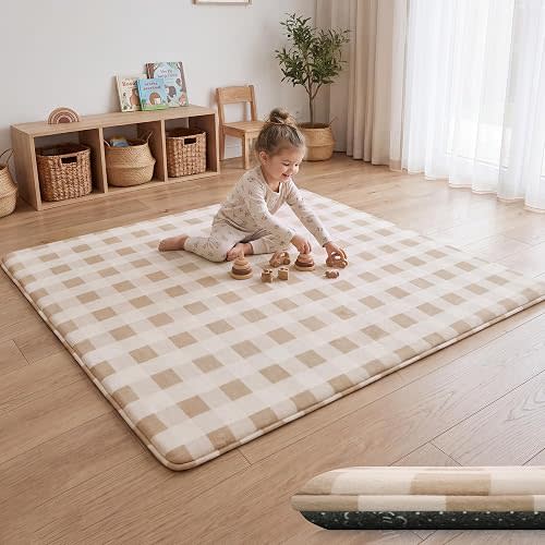 1.3" Thick Baby Play Mat for Floor 50x50 Foam Mat, Checkered Khaki