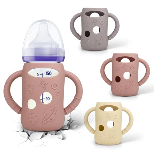 BUSOHA 3 Pack Silicone Sleeves for Lansinoh Glass Baby Bottles - Wide Neck Baby Bottles Sleeves for Lansinoh Bottles Baby Anti-Colic Bottles Holder with Handle Silicone Protector,5 oz