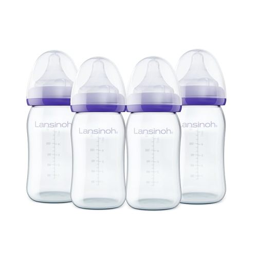 Lansinoh Anti-Colic Glass Baby Bottles, 5 Ounces, 4 Count Bottles for Feeding, Baby Essentials, Includes 4 Slow Flow Nipples, Size S