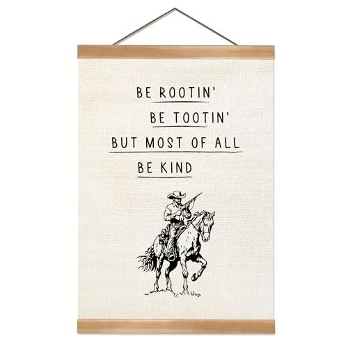 ZTGDA Western Cowboy Wall Art Decor– Be Rootin,Be Tootin,But Most of All Be Kind-Funny Vintage Country Poster– Linen Canvas Hanging Print for Farmhouse, Man Cave, Nursery Decor(Be rootin)