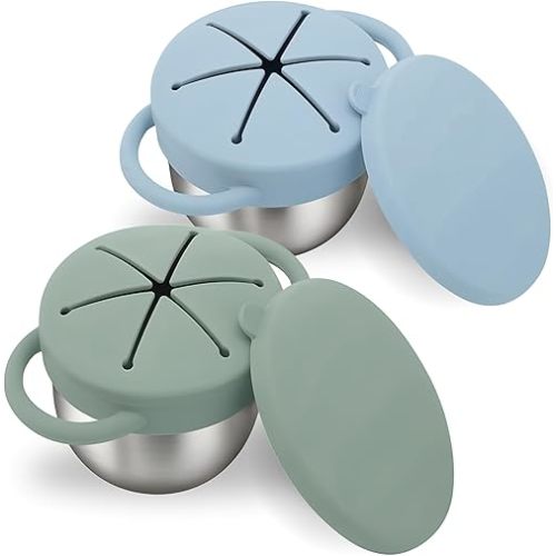 Baby Bliss 2 Pack Toddler Snack Container, Canadian Mom Owned, Stainless Steel & Silicone Baby Snack Cup, Snack Cups Toddler No Spill, Toddler Travel Essentials (Soft Rose & Almond)
