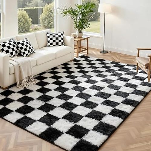 Andency 5x7 Ft Black and White Area Rug for Living Room Classic Checkered Shaggy Rug Non-Slip High Pile Soft Fluffy Rug Fuzzy Carpet Bedroom Kids Toddler Room Nursery Playroom Bedroom