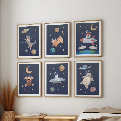 Space animal print for nursery, Set of 6 art prints, DIGITAL DOWNLOAD, Space themed art for your kids bedroom, Outer space wall art