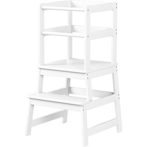 Toddler Step Stool, Wooden Kids Montessori Learning Standing Tower, Kid Kitchen Stools Helper with Safety Rail, Wide Platform Design, A Anti-tip Structure, White