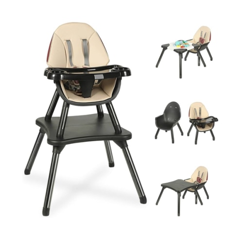 6 in 1 Baby High Chair, Convertible Highchair for Babies and Toddlers, Building Block Table Highchair with 5-Point Safety Harness/Removable Tray, Infant Feeding Table and Chair Set, Black