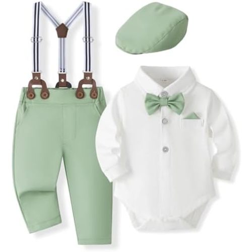 SALNIER Baby Boy Dress Suit Clothes Sets Infant Tuxedo Gentleman Suits Outfits Bowtie Shirt Suspenders Pants Beret Hat
