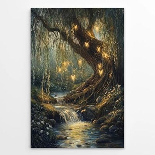 Willow Tree Fairies Poster Enchanted Forest Wall Art Dark Academia Decor Vintage Nature Rustic Aesthetic Enchanted Illustration Canvas Print for Bedroom Reading Nook 8x12inch Unframed