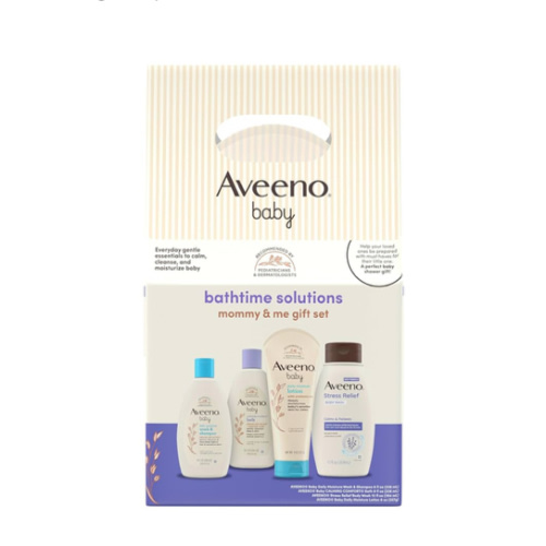 Aveeno Baby Bathtime Solutions Mommy & Me Gift Set, Baby Wash & Shampoo, Calming Bath, Daily Moisturizing Lotion and Stress Relief Body Wash for Mom, Colloidal Oat, Baby Bath Essentials, 4 items