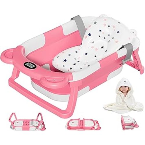 MoreFeel Collapsible Baby Bathtub for Newborn with Thermometer & 1 Hooded Towel & 1 Soft Floating Cushion,Portable Travel Bathtub with Drain Hole, Durable Foldable Baby Tubs for Infants to Toddler