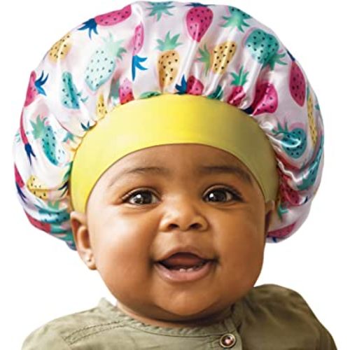 Red by Kiss Baby Satin Bonnet Sleep Cap for Infants, Soft, Stretchy, and Safe, Protects Baby Hair from Frizz & Breakage, Friction Bald Spots (Rainbow Pineapple, 6-18M)