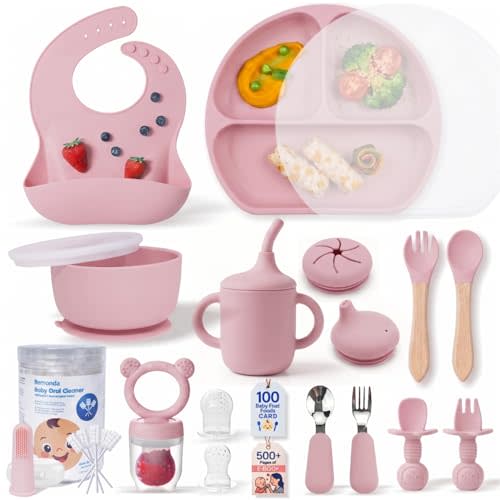 Remonda 23-Piece BPA-Free Baby Silicone Feeding Set | Extra Large Suction Plates, Toddler Bowls, Self Feeding Spoons, and More | Dishwasher Safe| Infant Led Weaning Supplies (Pink)02