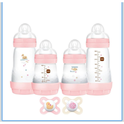 MAM Feed & Soothe Feeding Set, Newborn Essentials Must Have for 0-3 Months, Including 6 Pieces, Anti-Colic Baby Bottle Self-Sterilizing, Skinsoft Silicone Pacifiers, Baby Gift, Girl