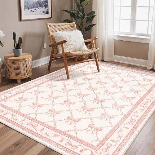 GENIMO 5x7 Washable Area Rug for Living Room, Indoor Low Pile Rug Pink Bow