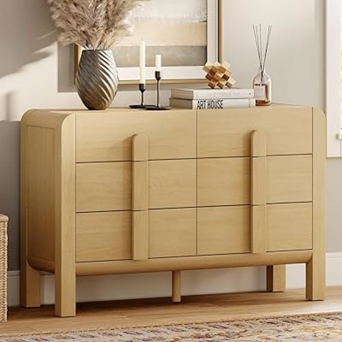 WAMPAT 6 Drawers Dresser for Bedroom, 47.2" Wide Mid Century Modern Chest of Drawers, Wooden Dressers TV Stand with Curved Profile Design, Storage Organizer for Bedroom, Closet, Hallway, Oak