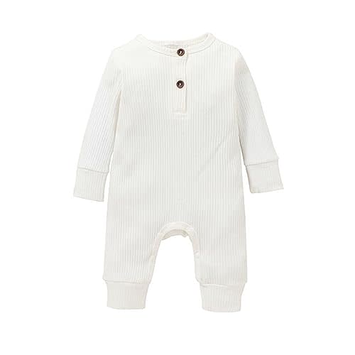 Newborn Baby Boy Romper Plain Long Sleeve Ribbed Button Deco Jumpsuit Bodysuit Baby Girl Photoshoot Outfit