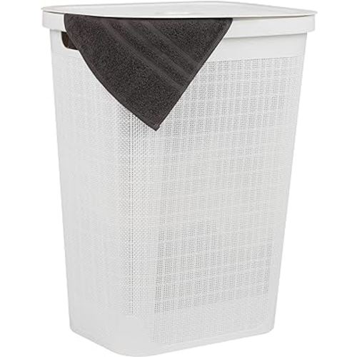 Mind Reader 60L Slim Laundry Hamper, Clothes Basket, Lid, Linen Design, Plastic, White