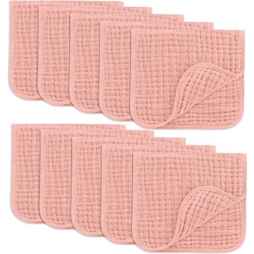 Comfy Cubs Muslin Burp Cloths 20" x 10", Pack of 10 - Large, 6-Layer, Ultra Absorbent 100% Cotton for Baby Drool and Messes - Soft, Safe & Gentle Baby Burp Cloths for Boys & Girls - Bold Blush