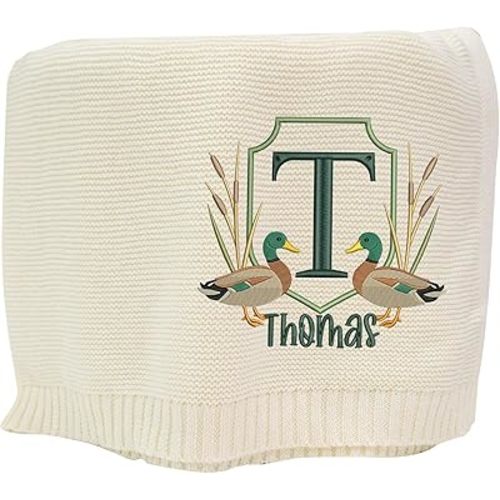 Mallard Ducks Crest Embroidered Knit Blanket, Custom Baby Name Blanket for Boy, Personalized Outdoor-Themed Nursery Keepsake Gift