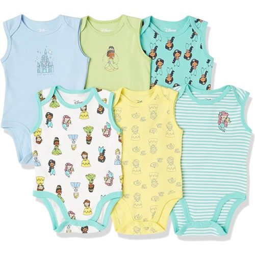 Amazon Essentials Disney | Marvel | Star Wars | Princess Baby Girls' Sleeveless Bodysuits, Pack of 6, Princess Wish, 24 Months