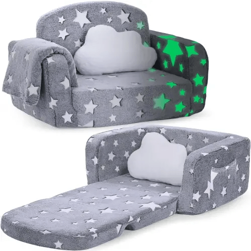 Kids Couch, 2-in-1 Soft Toddler Couch Fold Out with with Blanket and Cloud Pillow, Glow in The Dark, Toddler Chair Comfy, Convertible Sofa, Gifts for Kids Girl Boys, Medium Grey Star