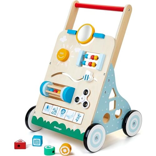 Wooden Baby Walker, 10 in 1 Baby Activity Center Walker Adjustable Wood Toddler Walker Push Walker Toy for Boys and Girls (BW001)