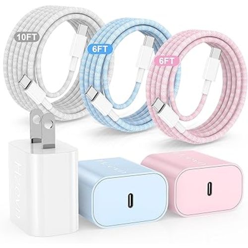 20W USB C Fast Charging for iPhone 17 Air/16/15 Pro Max,3Pack Colorful Mixed Charger Block with Braided Long USB C to C Cables (6/6/10ft) Compatible with iPhone16/15 Pro/15 Plus/iPad Pro