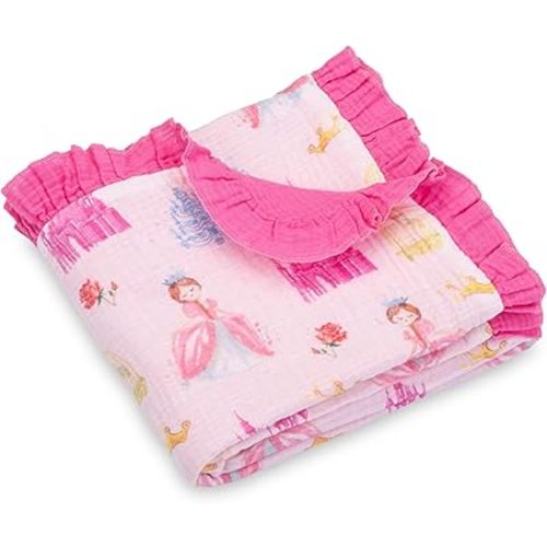 LollyBanks Muslin Swaddle Blanket for Baby Girl, 100% Organic Cotton Newborn Receiving Blankets 40 x 36 Inches, Breathable Ruffle Baby Blanket, Gentle Crib Quilt, Newborn Essentials (Princess Print)
