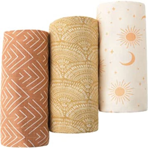 Little Jump 3 Pack Muslin Swaddle Blankets -Boho Baby Blanket for Boys & Girls- Large 47 x 47 inches Receiving Blanket Neutral (3 Pack Sunshine & Moon)