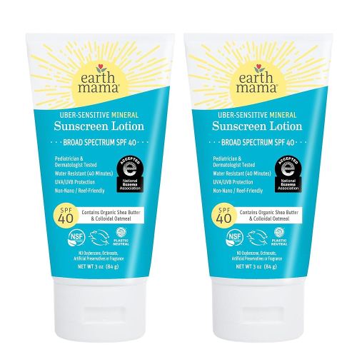 Earth Mama Uber-Sensitive Mineral Sunscreen Lotion SPF 40 | Non-Nano Zinc, Contains Organic Colloidal Oatmeal | Steroid-Free Eczema Cream for Baby, Kid & Family, 3-Ounce, 2-Pack