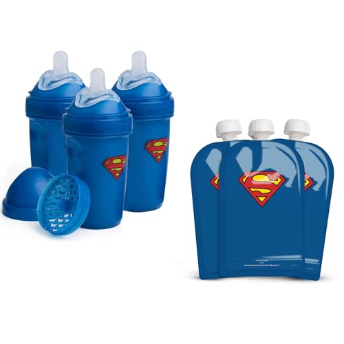 Herobility DC Comic Double Anti-Colic Baby Bottle with Baby Squeezer Pouches - Pack of 3 - Bundle