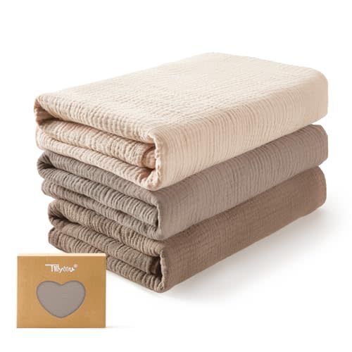 TILLYOU 3 Pack Muslin Swaddles for Newborns, Breathable and Soft Baby Blankets for Girls Boys, Cotton Blanket Baby Wrap Swaddle 47"X47", Gradient Brown