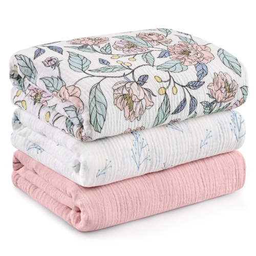 Gllquen Baby 3-Pack Muslin Organic Cotton Swaddle Blankets for Newborn Infant Boys Girls 38"x40", Floral Fantasy