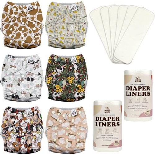 Mama Koala 3.0 Baby Cloth Diapers with 6 Inserts Bundle, with 2 Rolls Disposable Natural Liners