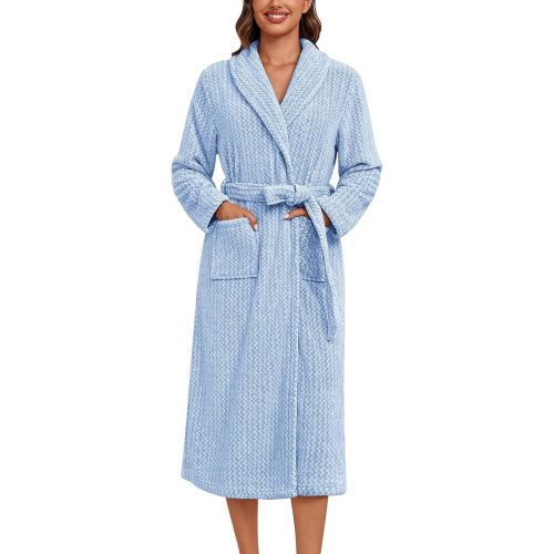 Ekouaer Women's Robe Long Plush Soft Bathrobe Cozy Warm Robes Shawl Collar Sleepwear with Pockets